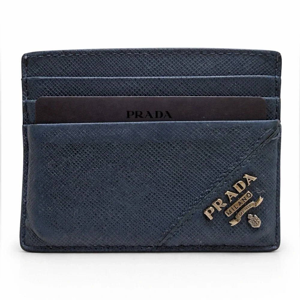 Prada Saffiano Metal Card Holder Bluette Navy w/ Box Receipt